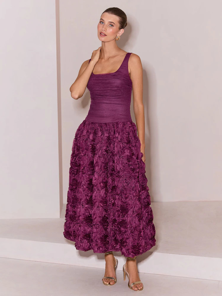 Buy Lipsy Berry Premium Square Neck 3D Rose Skirt Prom Midi Dress from Next United Arab Emirates | Next UAE