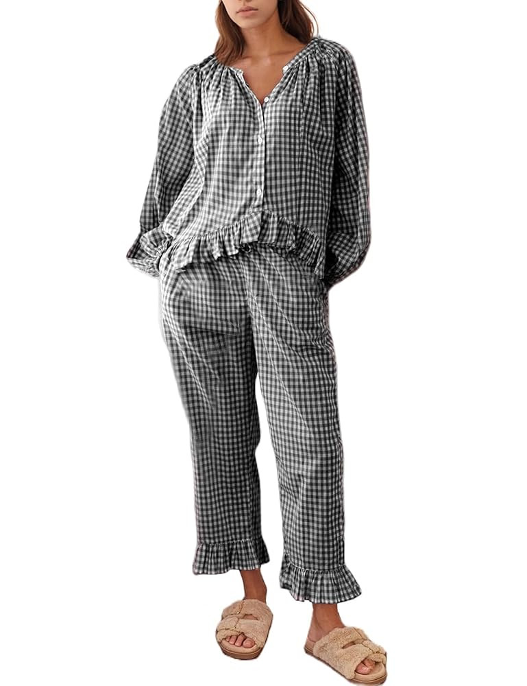 Flygo Womens Plaid Pajamas Sets 2 Piece Cotton Pj Set Puff Sleeve Ruffle Babydoll Shirt Gingham P... | Amazon (US)