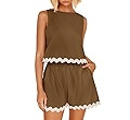 ZESICA Women's 2024 Summer 2 Piece Outfits Set Linen Lace Trim Crewneck Tank Crop Top and Shorts ... | Amazon (US)