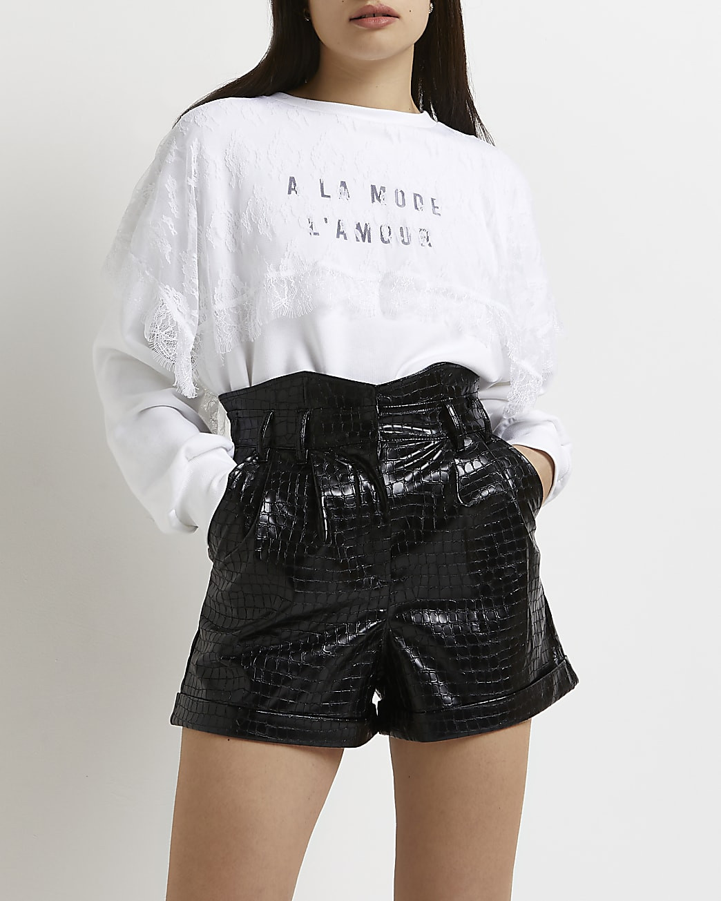 Black faux leather croc embossed shorts | River Island (UK & IE)