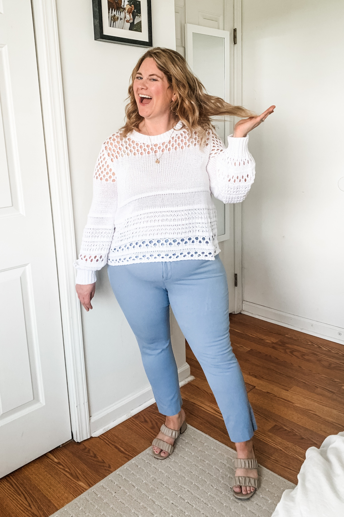 Teacher outfit! Colored pixie pants and a crochet sweater.   Will link similar as some may be sold out.  

#LTKSeasonal #LTKWorkwear #LTKMidsize