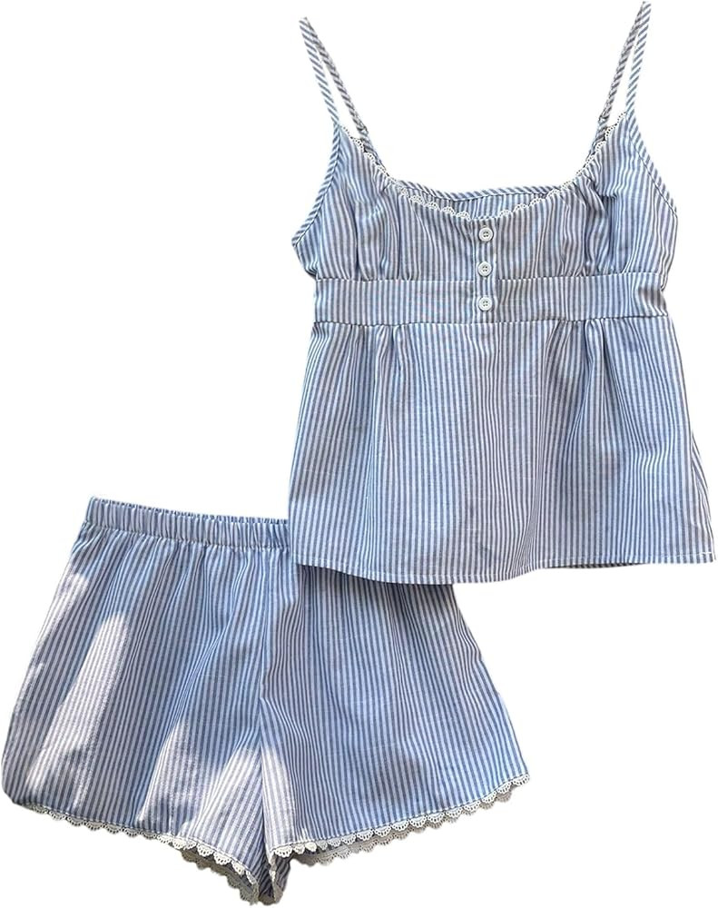 Verdusa Women's 2 Piece Striped Outfits Button Up Camisole Tops with Shorts Vacation Outfits | Amazon (US)