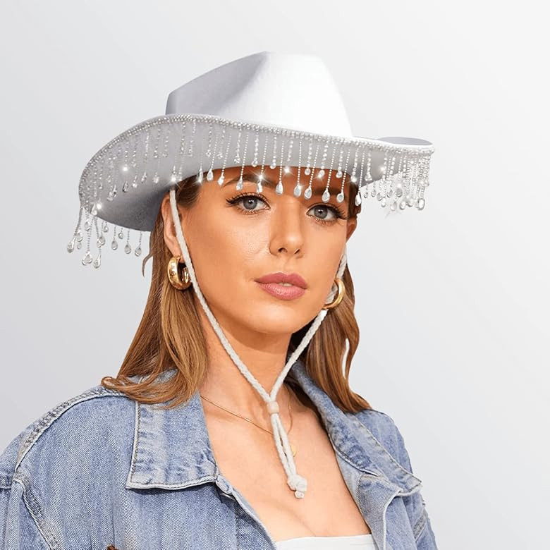 OYSPOSUP White Cowboy Hat for Women, with Shiny Rhinestone Fringe Cowboy Hat, Cowgirl Hat for Bac... | Amazon (US)
