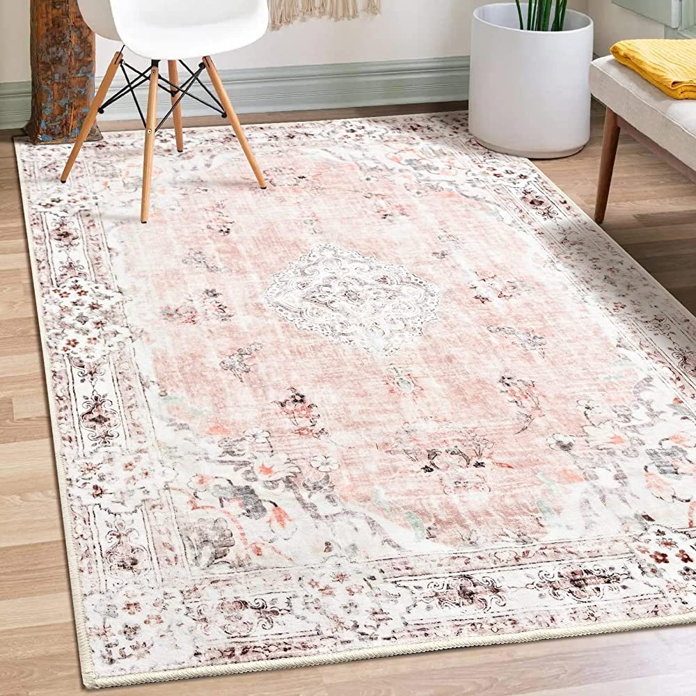 MUJOO Boho Area Rug 3'x5' Machine Washable, Pink Small Non Slip Area Rugs for Entryway Bedroom Be... | Amazon (US)
