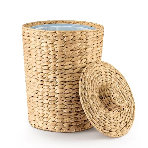 Tidita 2 Gallons Wicker Waste Basket - Water Hyacinth Bathroom Garbage Can with a Lid - Bathroom Trash Can Boho Style - Wicker Trash Can with Lid for Household, Kitchen - Removable Liner, Iron Frame | Amazon (US)