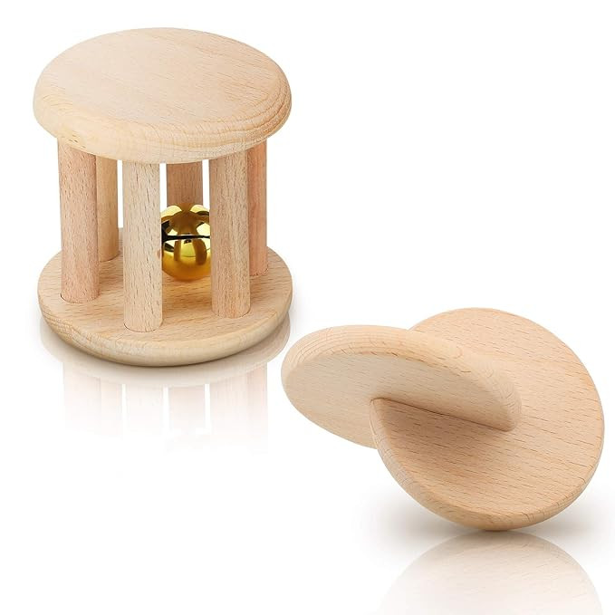 2 Pieces Montessori Toys Wooden Teether Toys Wooden Rattle with Bell and Wooden Interlocking Disc... | Amazon (US)