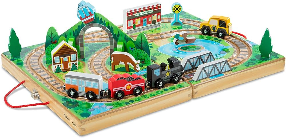 Melissa & Doug 17-Piece Wooden Take-Along Tabletop Railroad, 3 Trains, Truck, Play Pieces, Bridge... | Amazon (US)