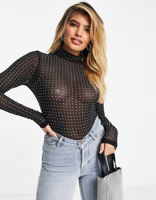 ASOS DESIGN high neck crystal stud mesh bodysuit in black | ASOS | ASOS (Global)