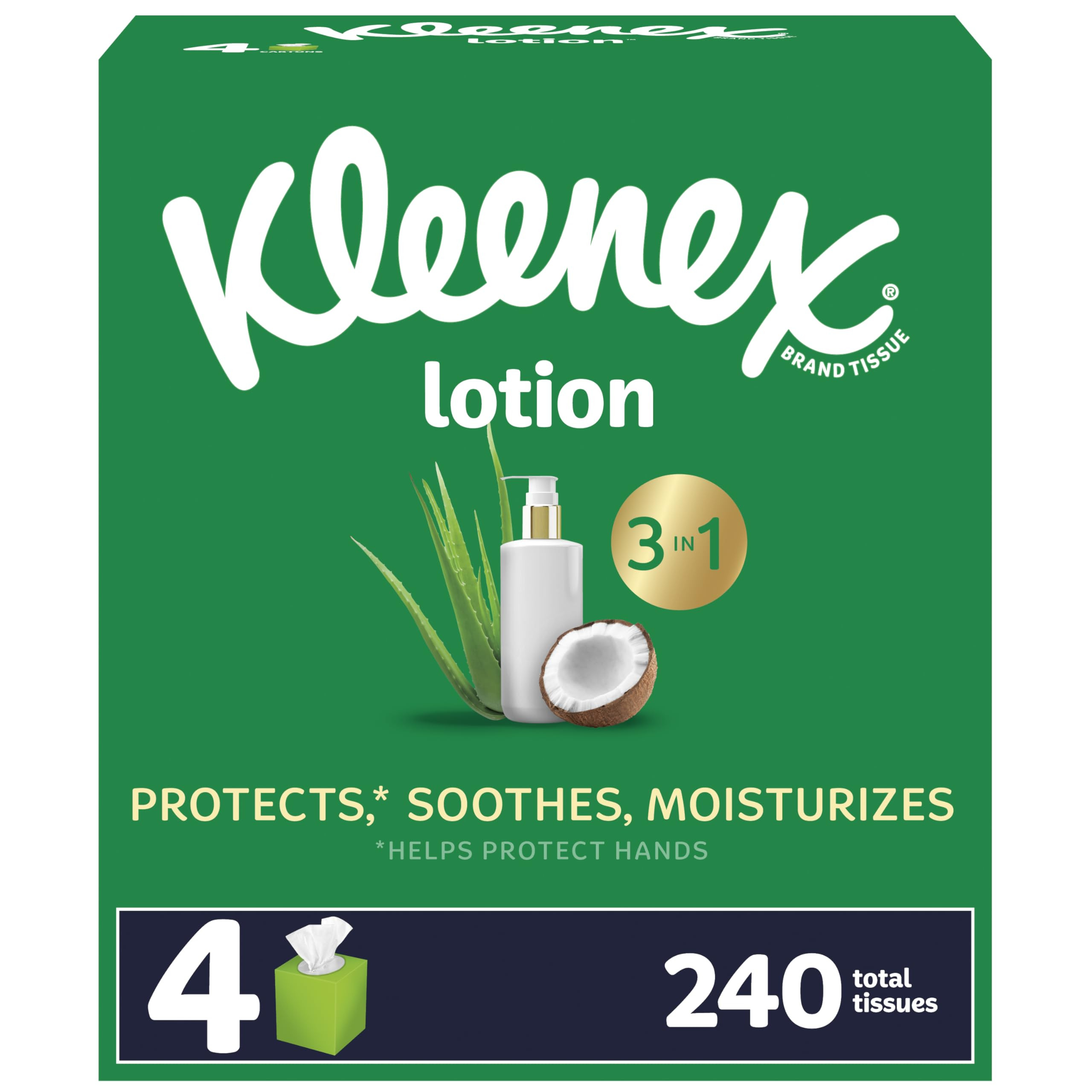 Kleenex Lotion Facial Tissues with Coconut Oil, 4 Cube Boxes, 60 Tissues Per Box, 3-Ply | Amazon (US)