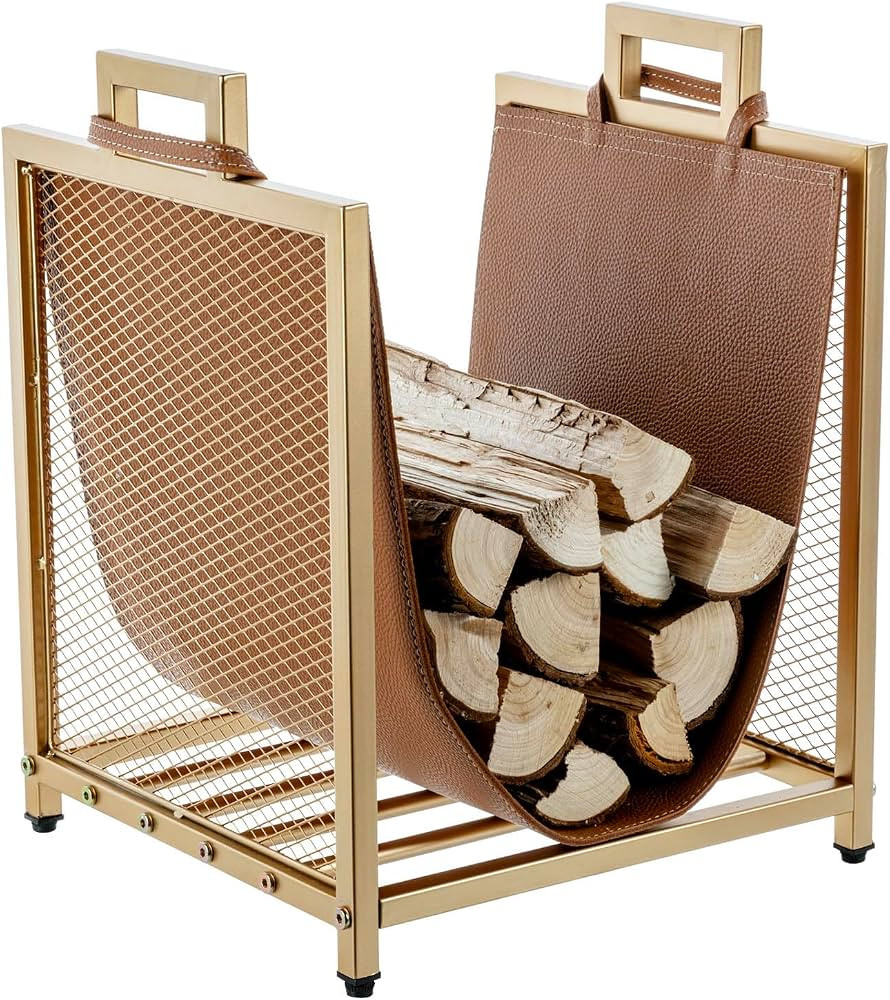 MyGift Modern Gold Tone Metal Firewood Stand with Brown Leatherette Wood Holder Sling, Wire Mesh ... | Amazon (US)