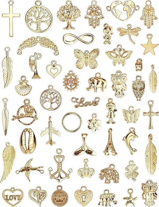 JIALEEY Wholesale Bulk 50PCS Mixed Gold Charms Pendants DIY for Necklace Bracelet Jewelry Making ... | Amazon (US)