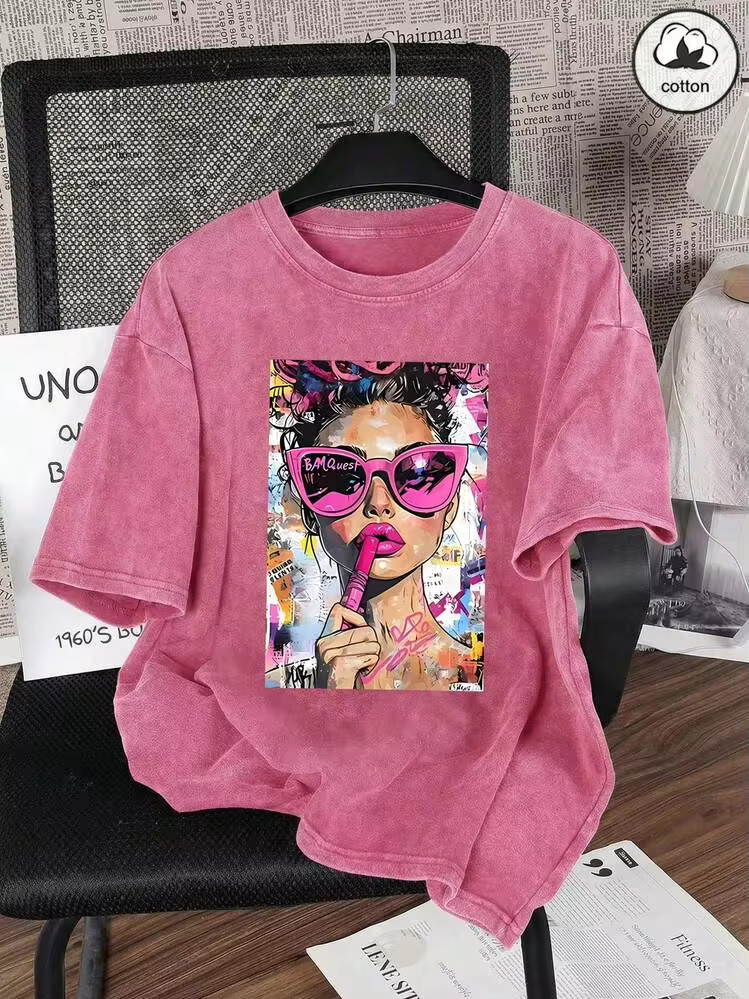 100% Pure Cotton Men's And Women's Universal Style Vintage Washed T-Shirt, Cartoon Girl Fun Red L... | SHEIN