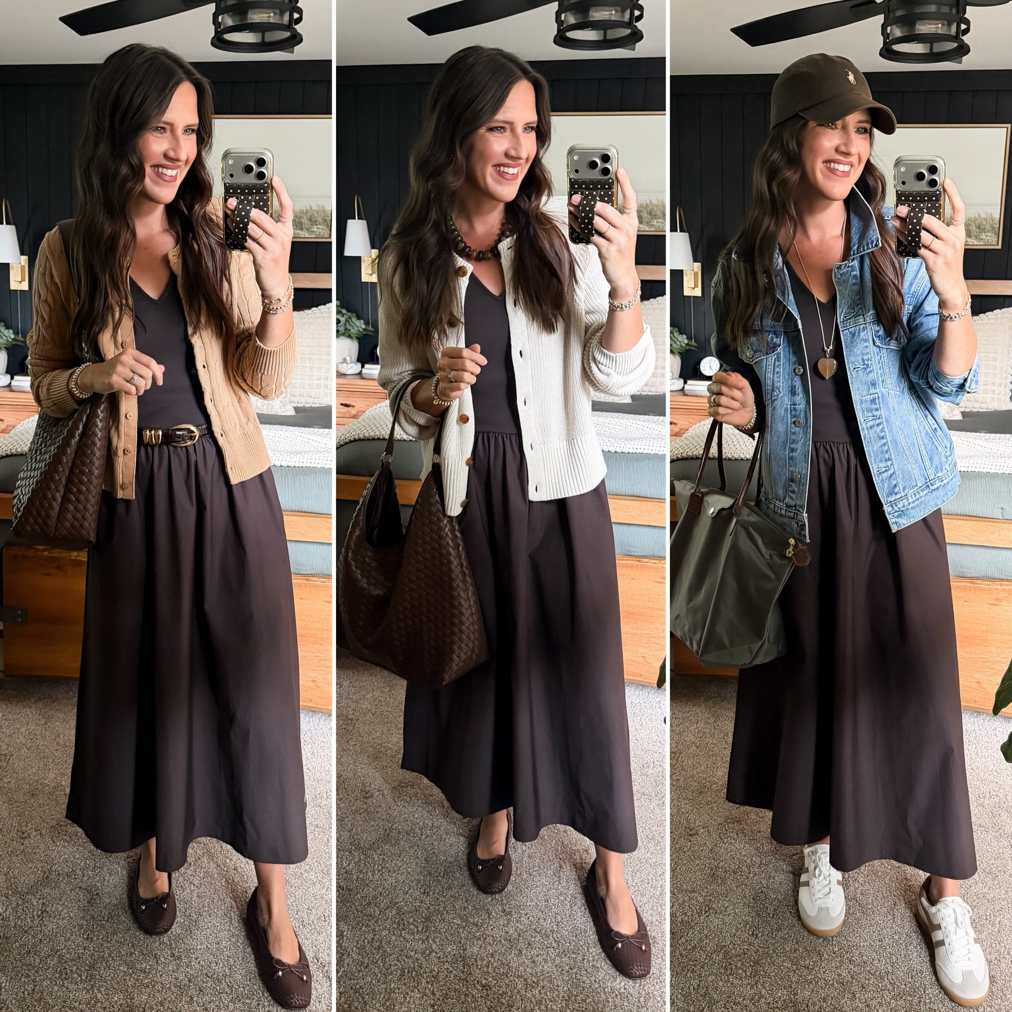 Fall Capsule Wardrobe - Brown Dress 

Dress (small) 
Camel cardigan (size up, I’m in a medium) 
Cream cardigan (sized up to a large)  
Denim jacket (xs/sm)