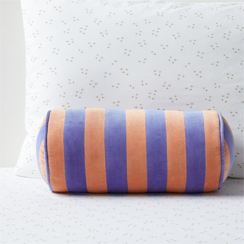 Marine Blue and Canyon Orange Harriet Stripe Velvet Kids Bolster Pillow + Reviews | Crate & Kids | Crate & Barrel