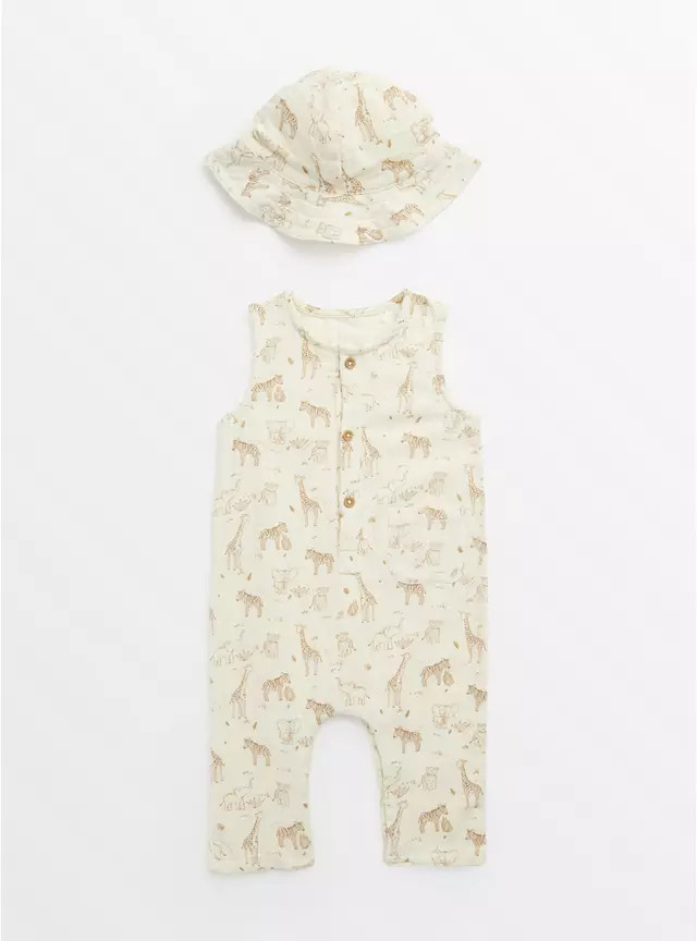 Buy Cream Woven Safari Print Romper & Hat Set  9-12 months | All-in-ones and rompers | Tu | Tu Clothing
