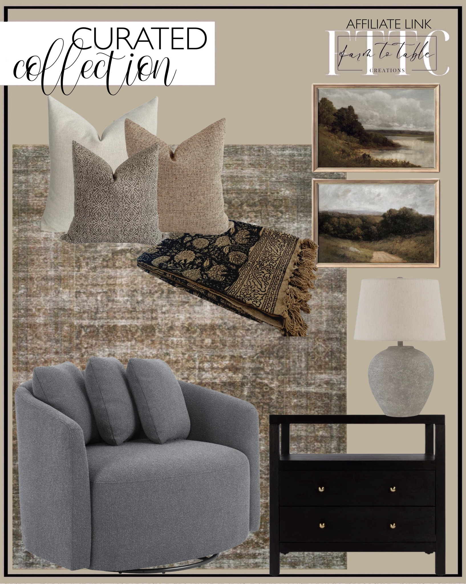 Curated Collection. Follow @farmtotablecreations on Instagram for more inspiration.

Beautiful Drew Chair by Drew Barrymore, Charcoal. Amber Lewis Loloi Tobacco Rust Rug. Moody Country Landscape Digital Art. Serene Pillow Cover Set Hackner Home. Celine 2 - Drawer Nightstand. Skila Composite Table Lamp. Handblock Print Throw Blanket. 


#LTKSaleAlert #LTKHome #LTKFindsUnder50