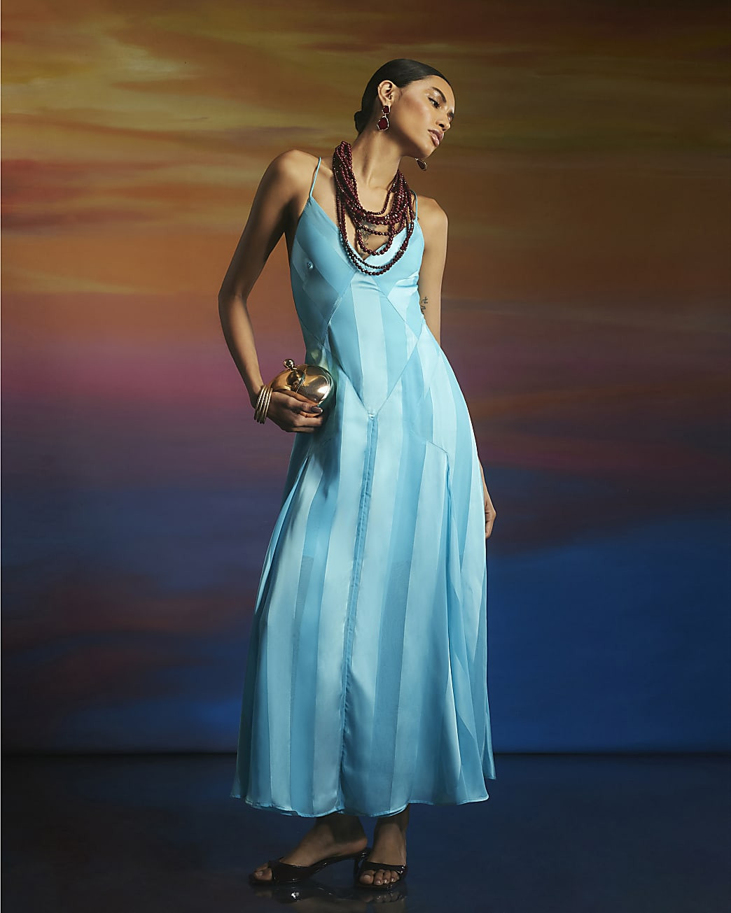 Blue Stripe Chiffon Maxi Cami Slip Dress | River Island UK & IE