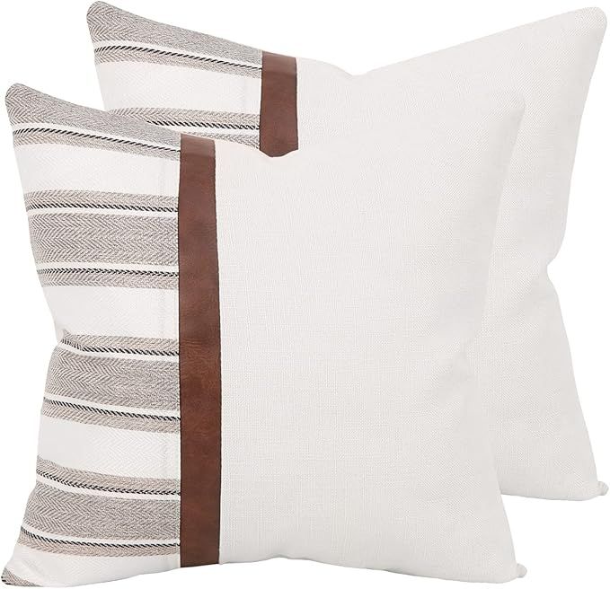 Farmhouse Decorative Throw Pillow Covers 18x18 ,Set of 2 Linen Striped Slub Cotton Pillow Covers ... | Amazon (US)