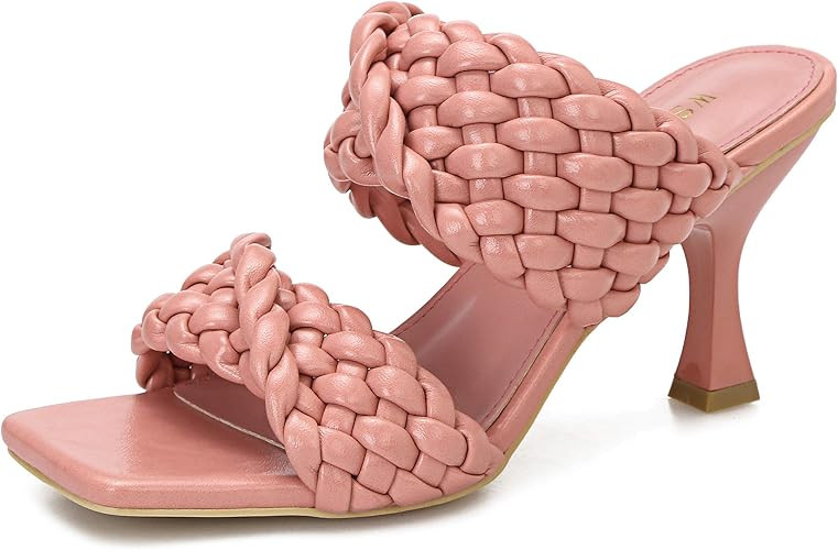 Women's Braided Heels Sandals Square Stiletto Mules Slip On Open Toe Backless Heeled Slippers Fas... | Amazon (US)