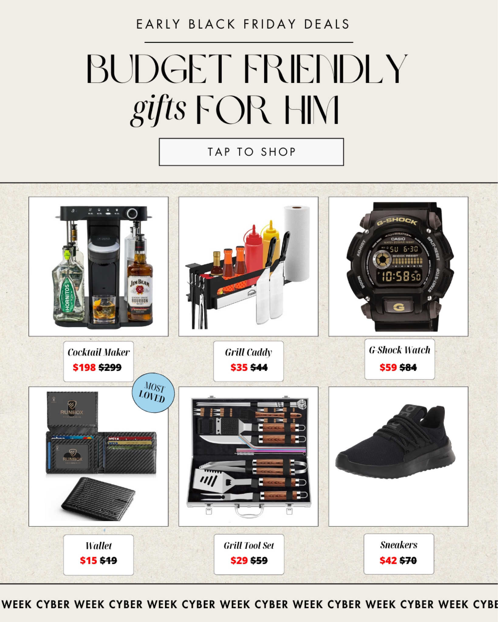 Gift guide for budget friendly gifts for him. The holiday gift guide includes a cocktail maker, grill caddy, gshock watch, wallet, grill tool set, and adidas sneakers. Take advantage of these early Black Friday deals!

#LTKGiftGuide #LTKHoliday #LTKCyberWeek