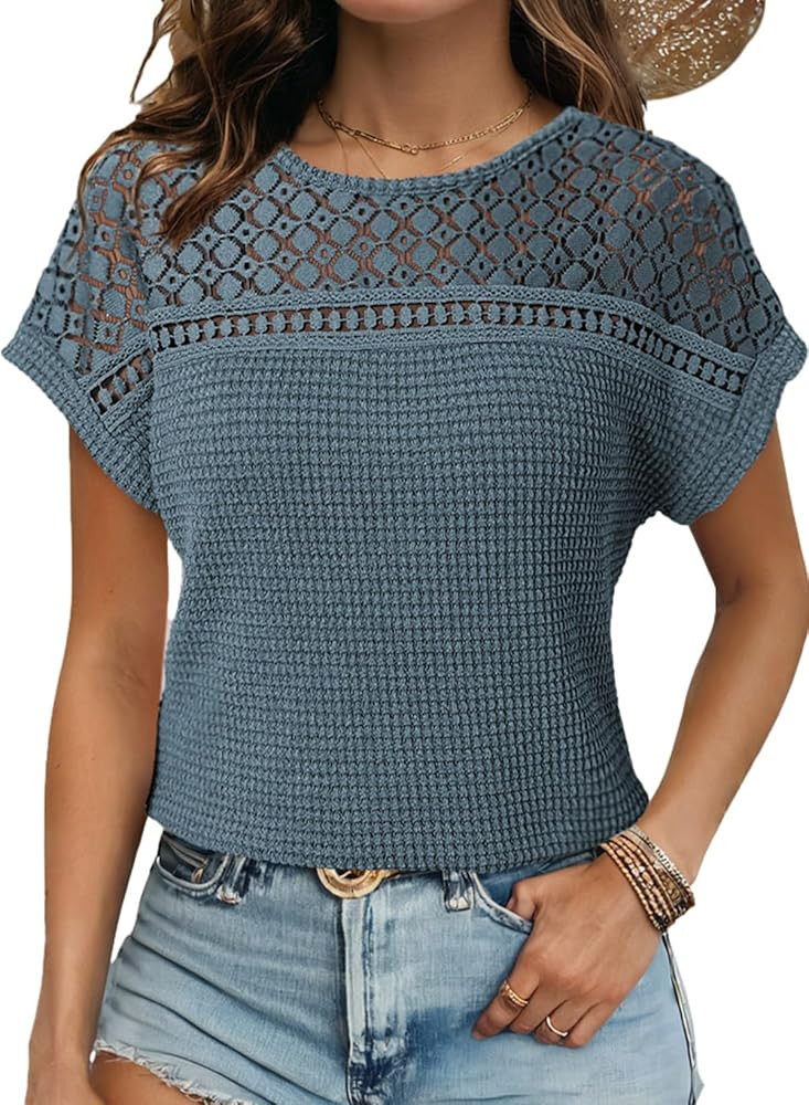 Dokotoo Women's Tops Casual Scoop Neck Short Sleeve Waffle Knit Hollow Out Shirts Loose Tunic Top... | Amazon (US)