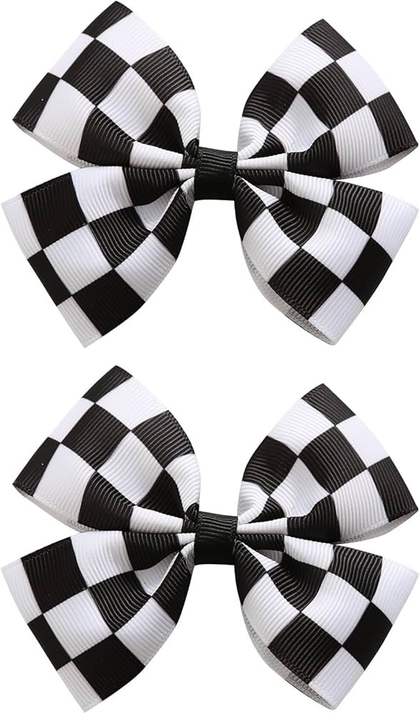 2PC Racing Checkered Flag Hair Bow Clips 4 Inch Girls Women Black and White Racing Fan Pigtail Ha... | Amazon (US)