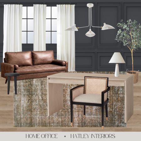today’s daily dupe inspired this moody home office mood board — 
for storage i would personally do built ins😍 


home office mood board, home office design, home office decor, light wood desk, cane armchair, desk chair, loloi area rug, white chandelier, table lamp, leather sofa, black end table, moody design, moody colors 

#LTKunder100 #LTKhome