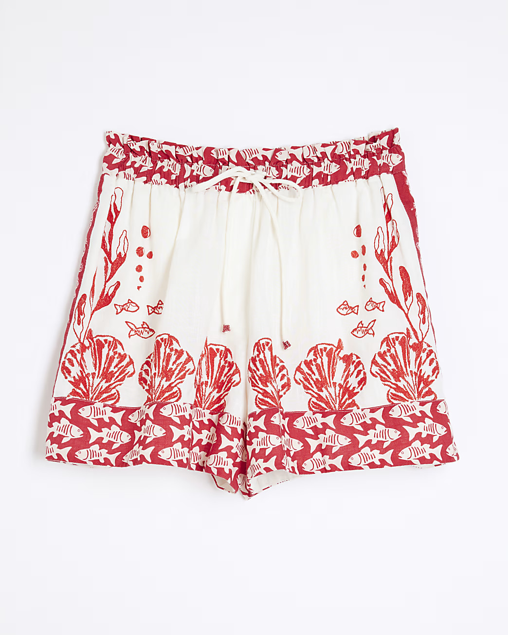 Red Shell Print Tie Waisted Shorts | River Island UK & IE