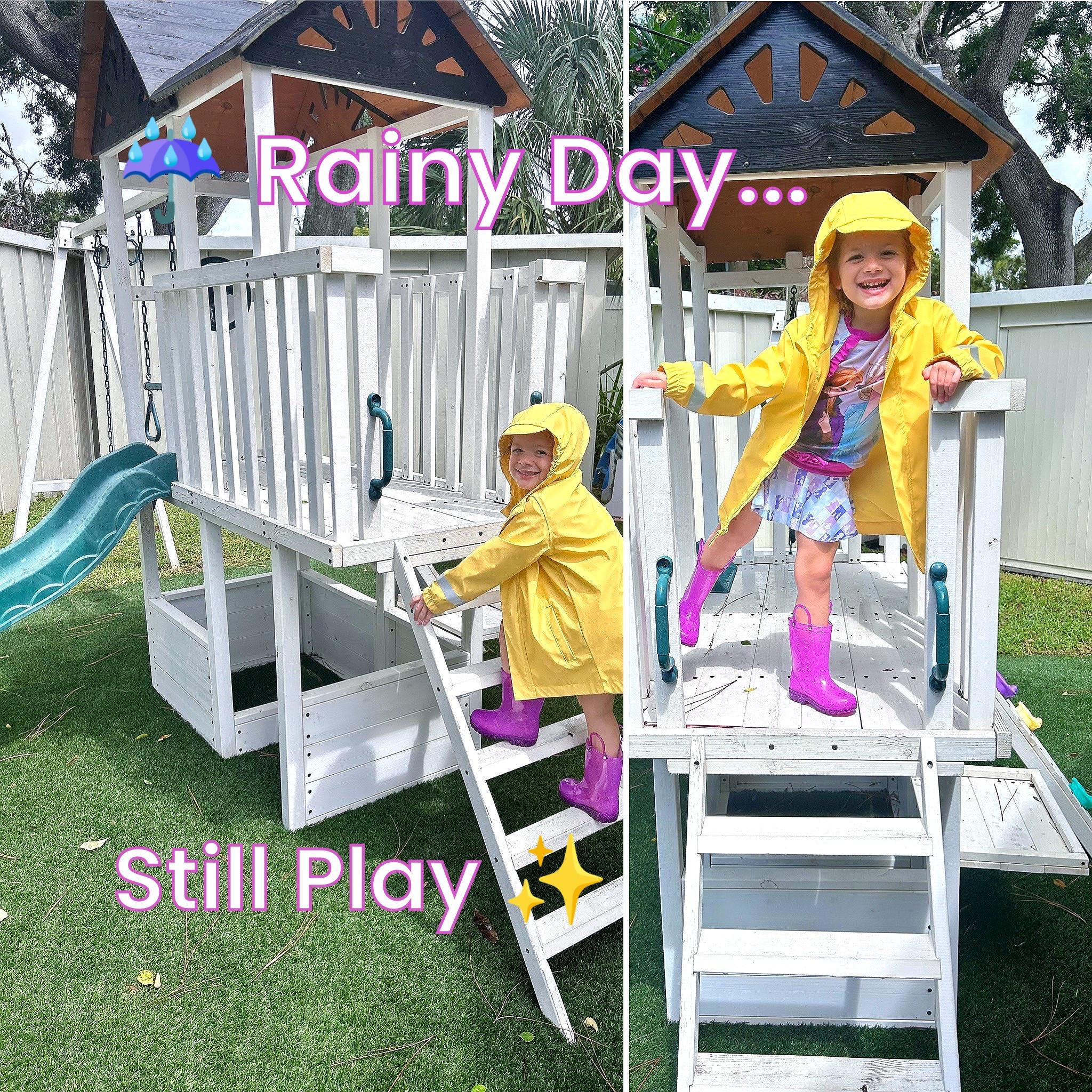 Rainy days won’t keep us down 🌧️💕 Finley’s making the most of it in her Frozen swimsuit + rain boots (both Amazon finds 👏) and the cutest Target rain jacket. Her playground? Chic, sturdy, and available at Target too! Linking all of it so your littles can splash + play in style ☔️✨