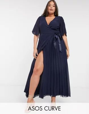 ASOS DESIGN Curve exclusive maxi dress with kimono sleeve and tie waist in pleat | ASOS (Global)
