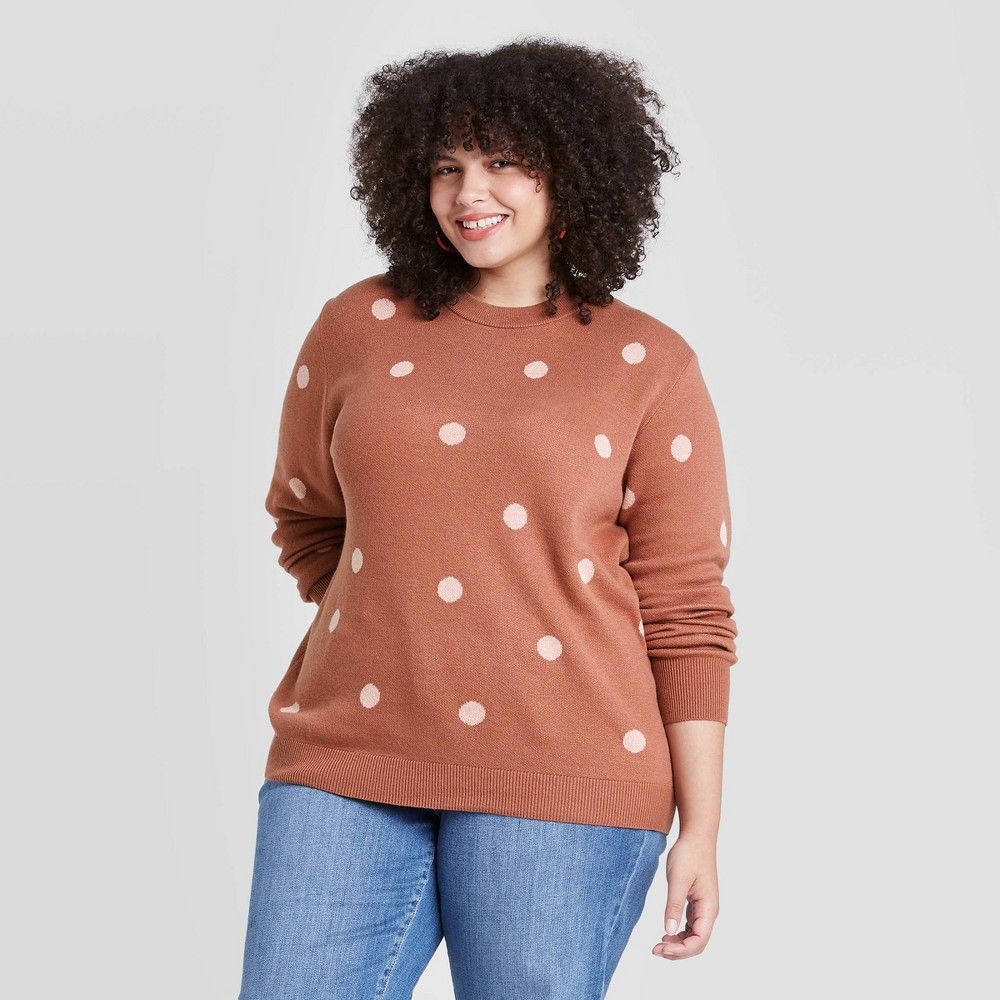 Women's Plus Size Polka Dot Crewneck Pullover Sweater - Ava & Viv Brown 3X | Target