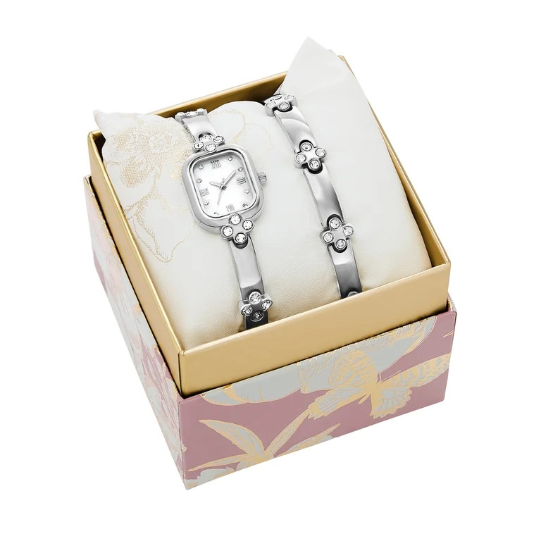 Folio Women’s 2pc Watch & Bracelet Set; 21mm Rectangle Alloy Case, Metal Bracelet with Stones, ... | Walmart (US)