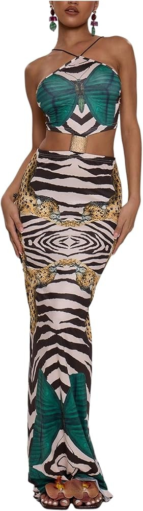 Floerns Women's Summer Cut Out Maxi Dress Backless Halter Animal Print Beach Bodycon Dresses | Amazon (US)
