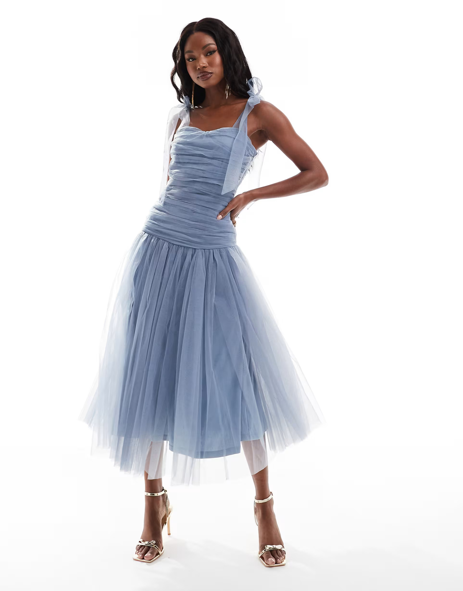 Lace & Beads drop waist bow shoulder midaxi dress in blue | ASOS (Global)