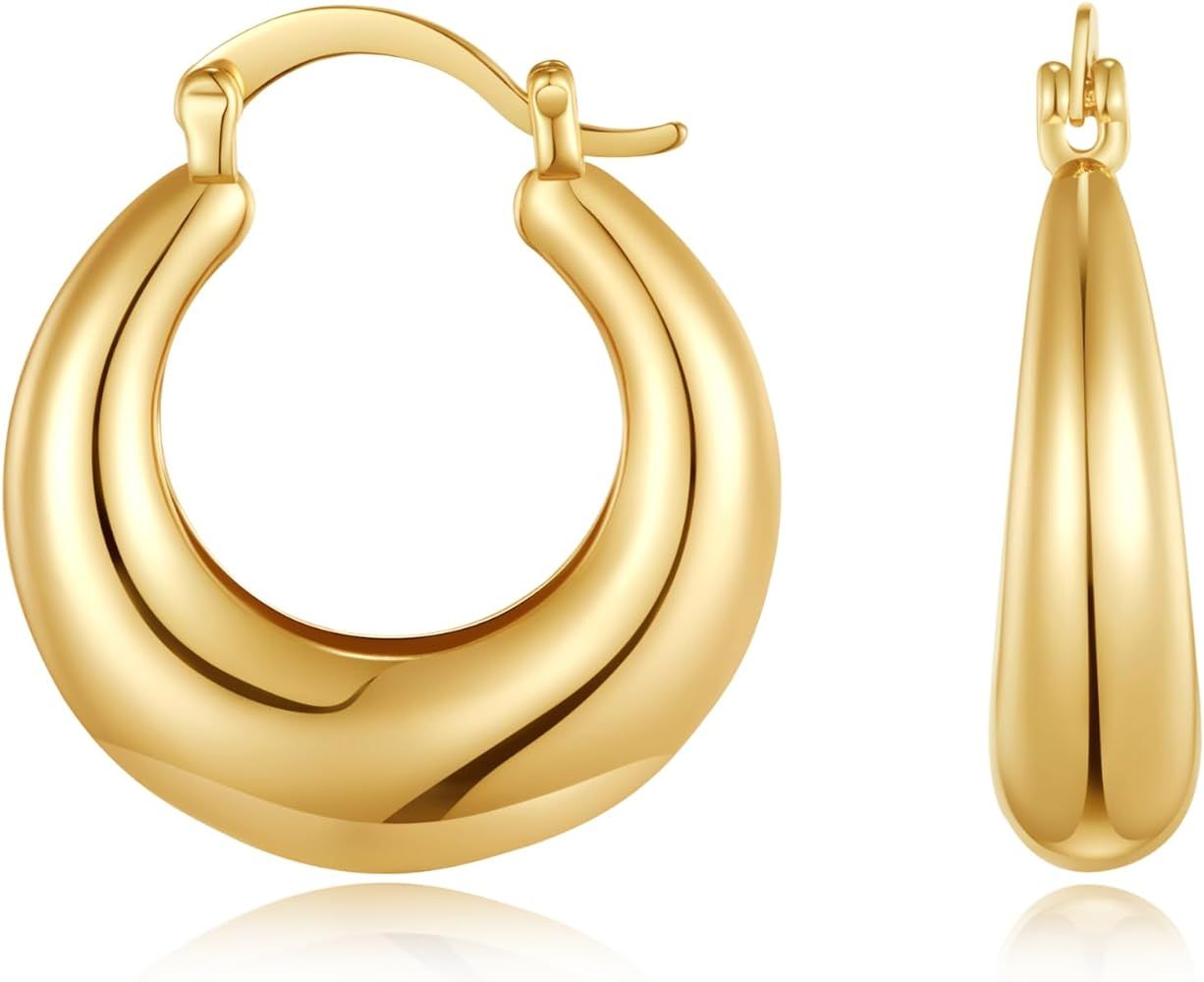 Chunky Gold Hoop Earrings for Women, 14K Gold Plated Small Gold Hoop Earrings for Women Hypoaller... | Amazon (US)