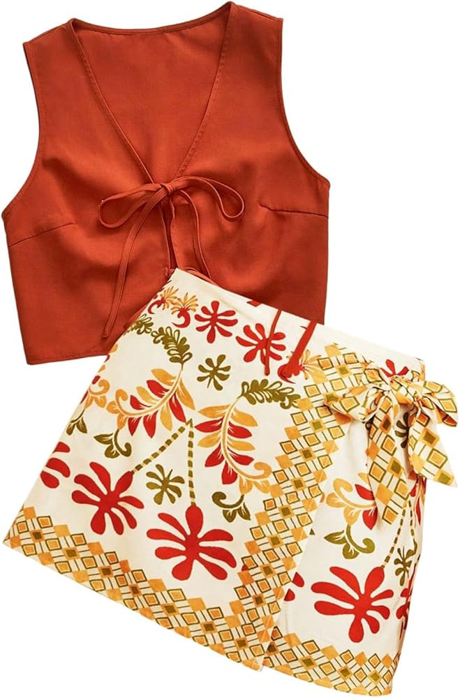 MakeMeChic Women's 2 Piece Summer Set Beach Vacation Outfits Tie Front Tops and Wrap Skirt Set | Amazon (US)