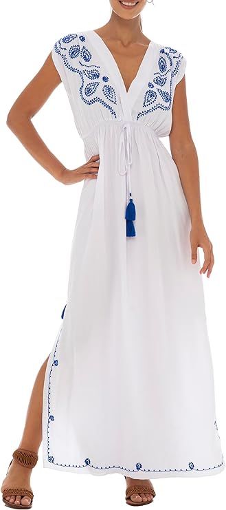 Back From Bali Womens Long Maxi Dress Boho Embroidered Sleeveless Summer Sundress Deep V Neck | Amazon (US)