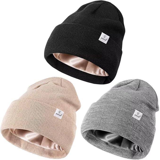 3 Pack Satin Lined Winter Beanie Hats,Silk Lined Beanie Knit Soft Warm Cuffed Hat for Women Men | Amazon (US)