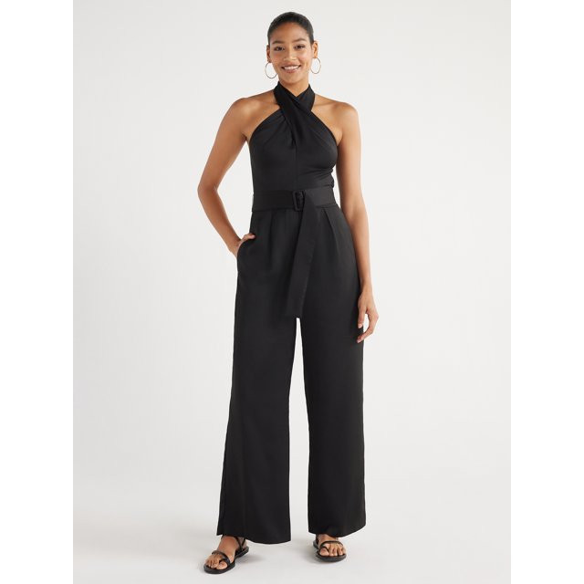 Scoop Women's Wrap Halter Satin Jumpsuit with Wide Leg, 32” Inseam, Sizes XS-XXL - Walmart.com | Walmart (US)
