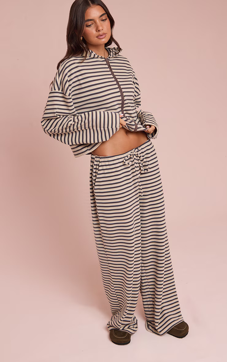 Brown Striped Soft Fleece Straight Leg Joggers | PrettyLittleThing UK