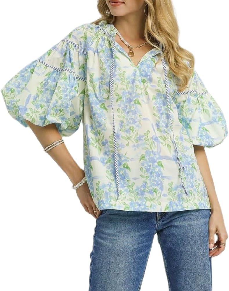 Women Boho Ruffle Sleeve Shirt Floral Patchwork V Neck Long Sleeve Peplum Tops Cute Loose Babydol... | Amazon (US)