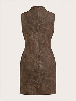 RoseSeek Women's PU Leather Ruched Bodycon Dresses Mock Neck Sleeveless Zipper Mini Tank Dress | Amazon (US)