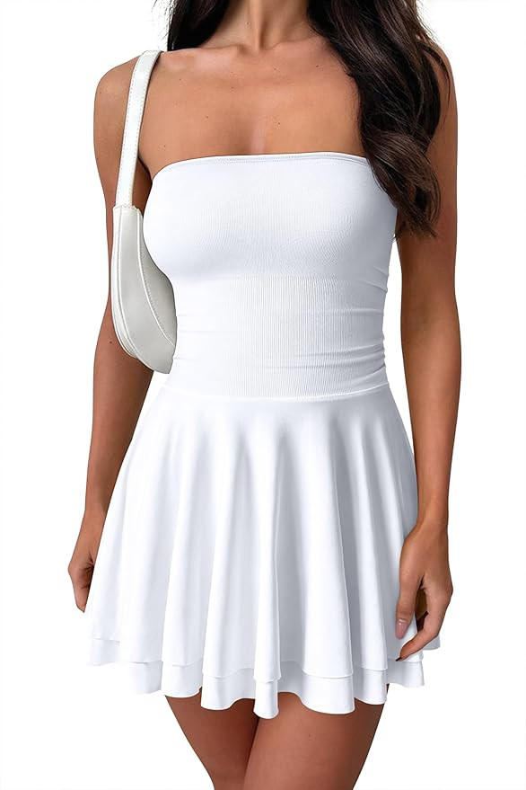 OQQ Women's Mini Dress Summer Cocktail Tube Ruched Waist Ruffle Corset Party A-line Dresses | Amazon (US)