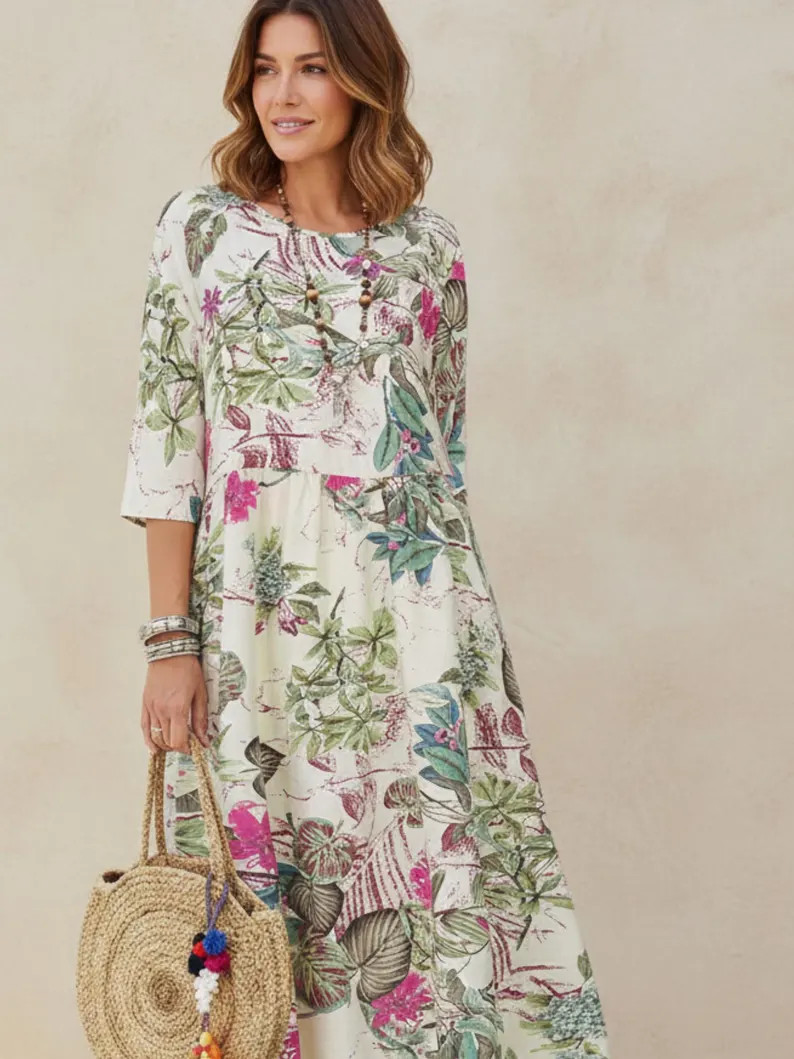 Floral Printed Bohemian Midi Dress, Loose Casual A Line Spring Dress, 3/4 Sleeve O Neck Retro Vac... | Etsy (US)