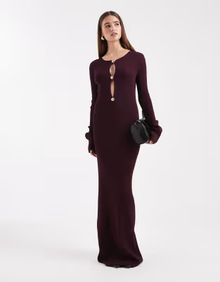 4th & Reckless ribbed knit gold hardware cut out flare sleeve maxi bodycon dress in plum | ASOS (Global)
