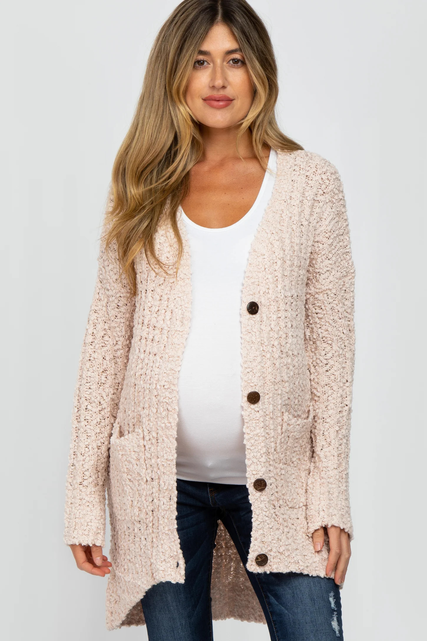 Light Pink Popcorn Knit Hi-Low Maternity Cardigan | PinkBlush Maternity