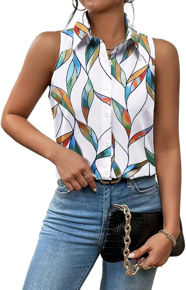 Zeagoo Sleeveless Blouses for Women Summer Casual Button Down Shirts Flower Tank Tops Fashion | Amazon (US)