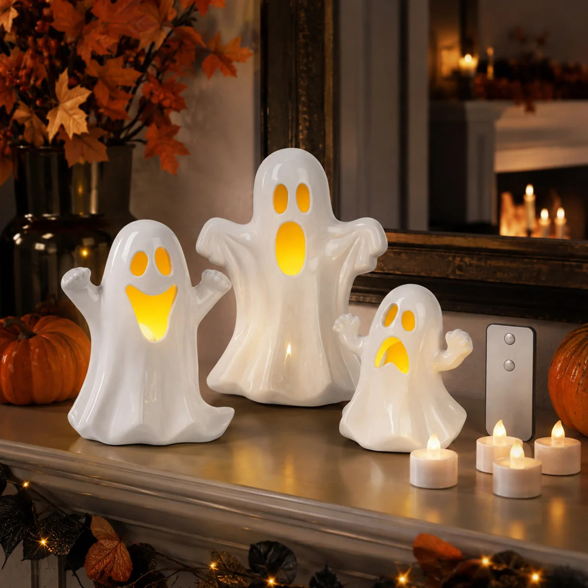 3 Piece Light Up Ceramic Halloween Ghost Figurine Set Remote Control | Wayfair North America