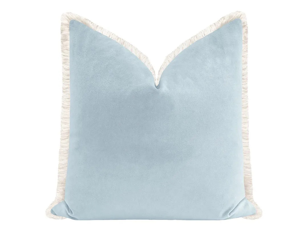 Society Velvet // Soft Blue with Fringe Pillow | blue velvet | designer velvet | velvet pillow | | Etsy (US)