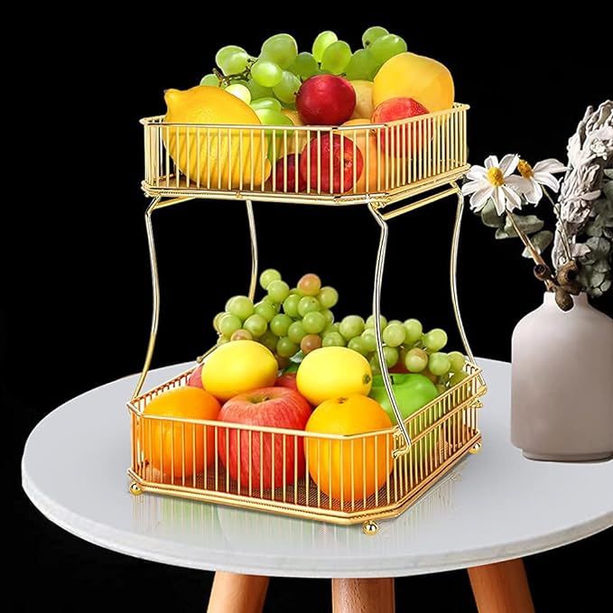 2 Tier Fruit Basket Countertop Vegetable Fruit Bowl Storage, Kitchen Fruit Basket Metal Fruit Hol... | Amazon (US)